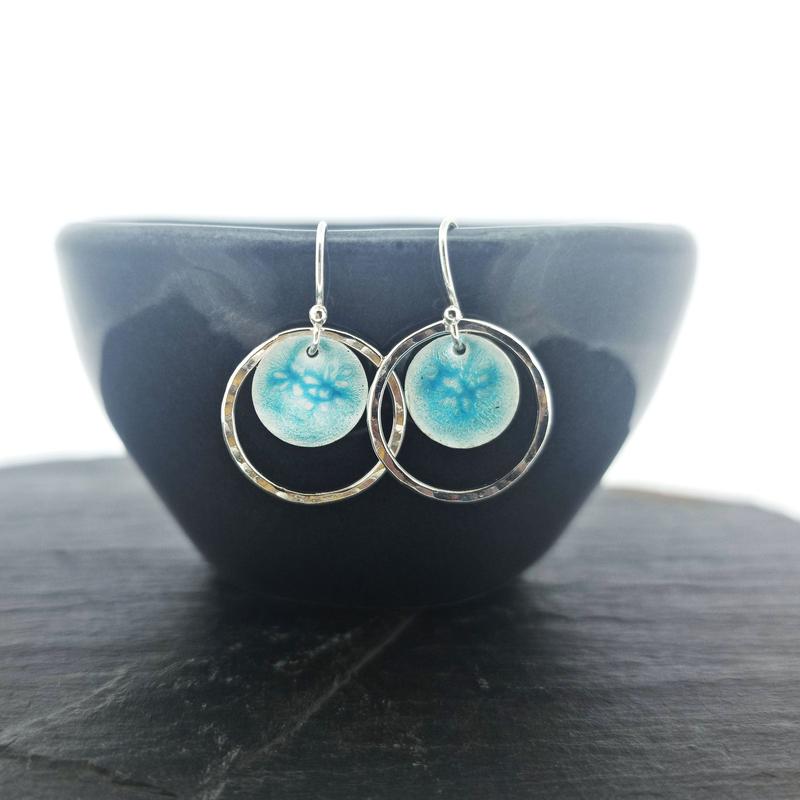 Silver turquoise Nebula circle drop earrings 4