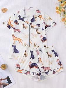 Women's Dog Print Short Sleeve Pajama Two-piece Set, Casual Comfy Button Up Shirt & Elastic Waist Shorts PJ Set, Ladies Sleepwear for All Seasons