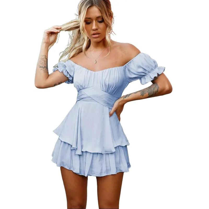 Women'S Jumpsuit Solid Color Fashion Sexy One-Shoulder Lantern Off-Shoulder Lotus Leaf Sleeve Casual Summer Women'S Shorts Skirt 1