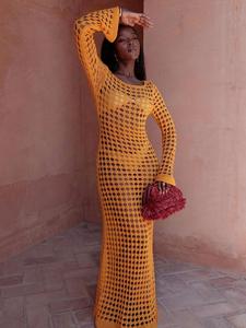 Women's Solid Long Sleeve Crochet Cover Up Dress, Casual Hollow Out Beach Cover Up Dress for Vacation Holiday, Ladies Clothes for All Seasons