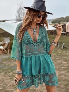 Women's Floral Embroidery Hollow Out Contrast Lace Sheer Cover Up Dress, Boho Deep V Neck 3/4 Sleeve Midi Cover Up for Beach Holiday Vacation, Ladies Summer Clothes