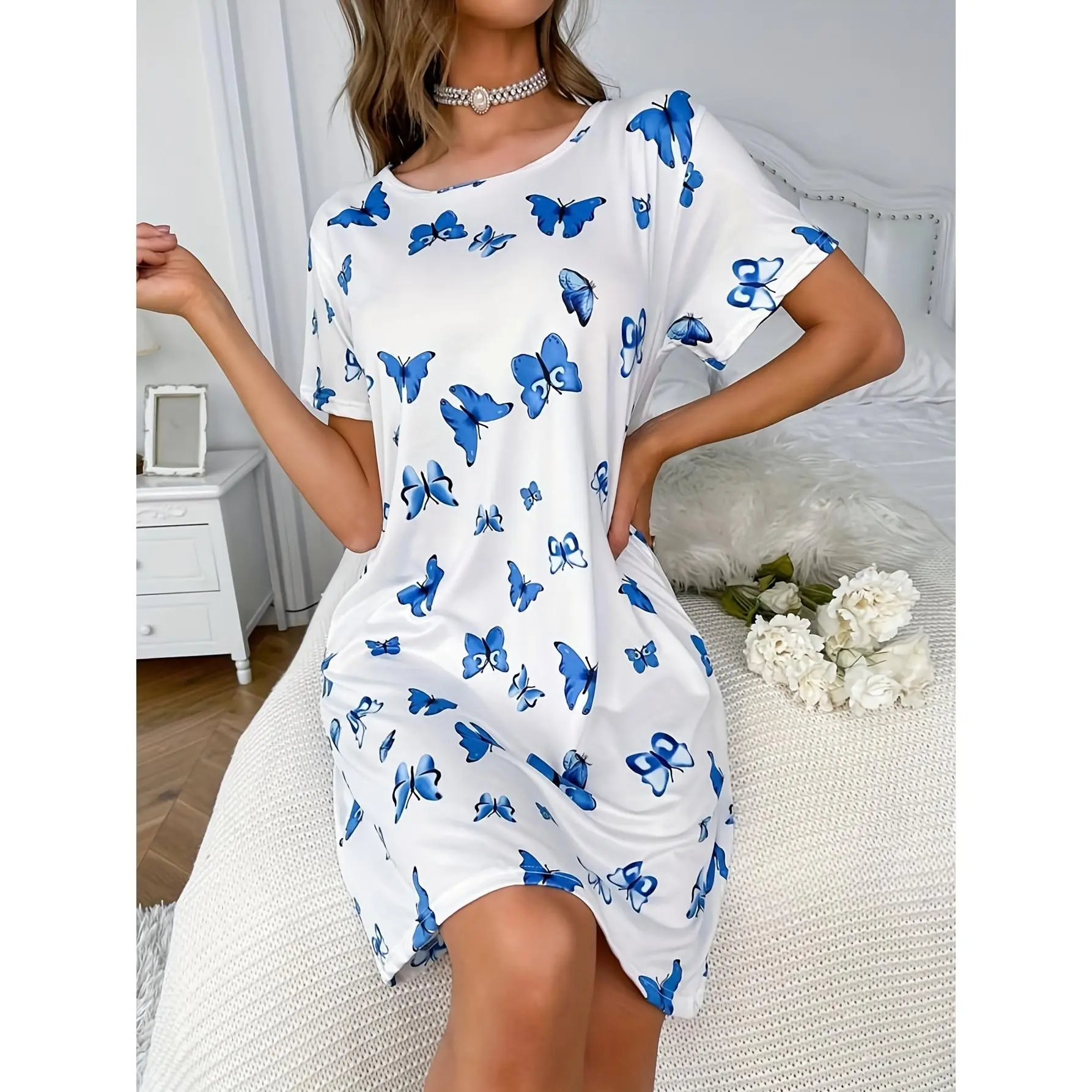 Soft Casual Pajama Dresses, Butterflies Print Short Sleeve Loose Sleep Dresses, Women's Sleepwear & Loungewear Womenswear Homewear