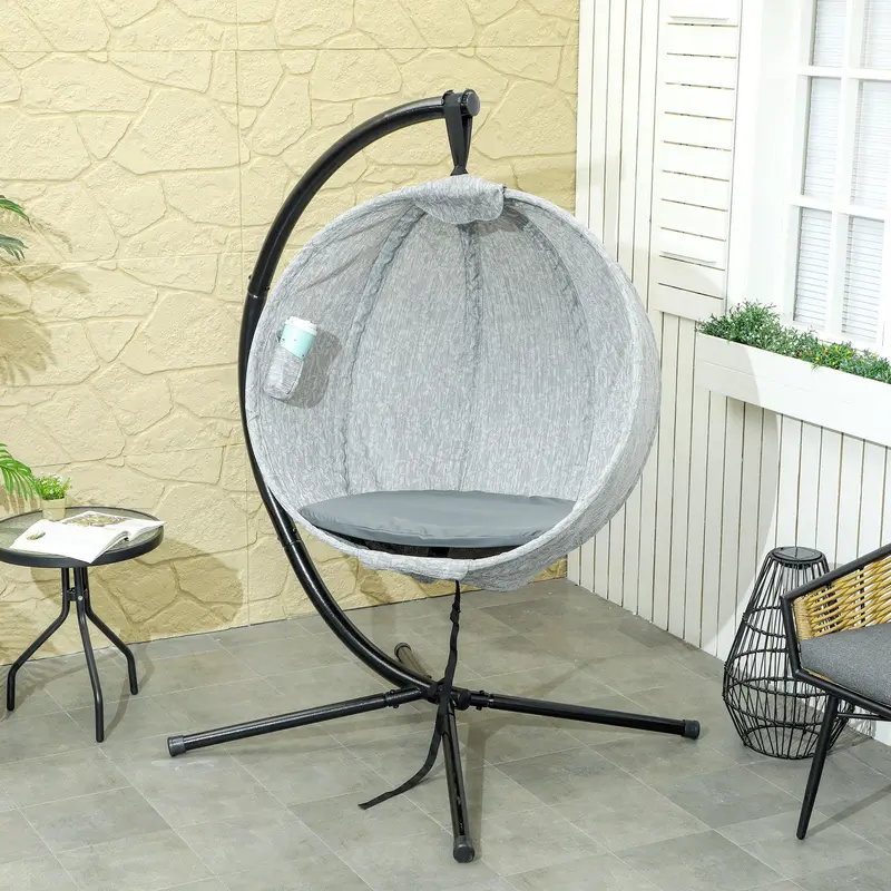 Grey Hanging Egg Chair with Stand Thick Cushion and Cup Holder for Garden or Balcony by Outsunny 8