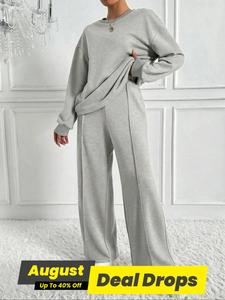 Women's Solid Color Drop Shoulder Sweatshirt & Elastic Waist Pants Two-piece Set, Casual Lady Fashion Cozy Breathable Two Piece Outfits for Daily Outdoor Wear, Women Clothes for Spring & Fall