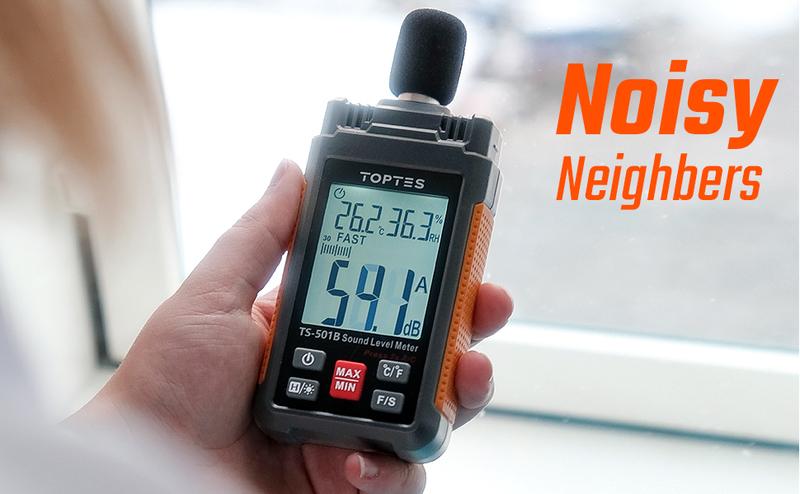 Product Introduction of Decibel Meter, TopTes TS-501B Sound Level Meter with A/C Weighting, Measuring Range 30 to 130 dB, SPL Tester for Noise Control, 2.25-inch Backlit LCD Display, MAX/MIN, Data Hold - Orange 5