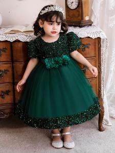Girl's Glitter Contrast Sequins Tulle Formal Dress, Elegant Round Neck A Line Dress for Party Performance Wedding Guest, Kids Clothes for All Seasons