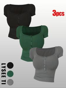 Women's Solid Color  Button  Tee, Casual Sporty Short Sleeve T-shirt for Daily Wear, Ladies Clothes for All Seasons, Top