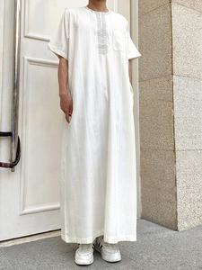 Men's Plain Embroidery Pocket Kaftan, Regular Fit Modest Casual Short Sleeve Long Kaftan for Daily Wear, Men's Islamic Clothing for All Seasons