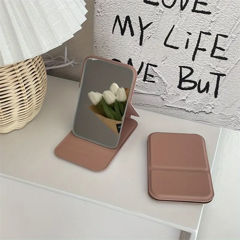4.25-Inch Foldable Makeup Mirror with Frame – Compact, Portable Vanity Mirror for Dorms, Desktops, and Travel – Light Pink/Beige, Polished Glass Surface, Floral Design, Makeup Vanity Desk 4