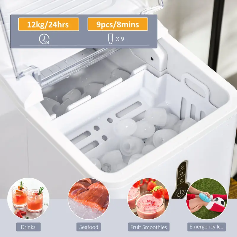 HOMCOM Ice Maker Machine, 1.5L Countertop Ice Cube Maker with Self-Cleaning, 9 Cubes Ready in 8 Mins, 12kg in 24 Hrs, No Plumbing with Basket, White 5
