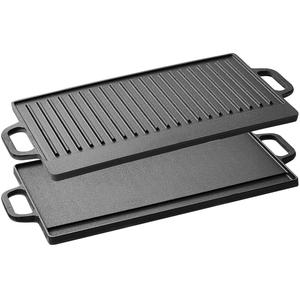 X-Large Non-Stick Cast Iron Reversible Griddle Plate Pan Double Sided for BBQ & Hob Cooking with Non-Stick Ridged and Flat Surfaces and Drip Tray, 50 x 23cm