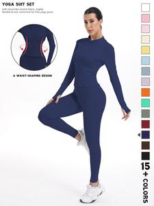 Women's Sporty Quick-Dry Two-Piece Set, New Fashion Slim Fit Yoga Pants, High Elasticity Long Sleeve Top, 12 Colors Available