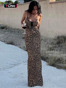 Women's Leopard Print Cut Out Tie Front Mermaid Dress, Elegant Fashion Casual Spaghetti Strap Bodycon Maxi Dress for Party Club Wear, Summer Outfits 2024, Women Dress for Summer