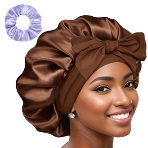 SPRINSOO 1 Count Solid Color Bonnet With 1 Count Shinning Scrunchy, Soft Silk-like Bonnet for Sleeping, Protecting Hair Bonnet Silky Night Cap Hair Care Hat with Tie Band Bonnets, Haircare