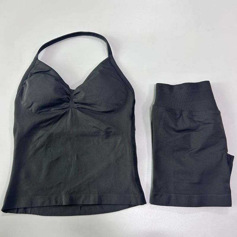 2Pcs  Gym Set Women Backless Tank Tops High Waist Scrunch Seamless Shorts Gym Suit Fitness Clothes Activewear Workout Sets 7