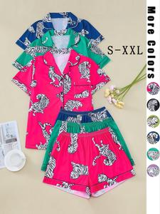 Six Counts Women's Tiger Print Contrast Binding Pyjamas Loungewear Set, Lady Comfort Shortsleeve Button Front Pocket Shirt & Shorts Set, Summer Nightwear Wear 2024, Lounge Sets, Women's Summer Pajamas Sets, Womens Clothes