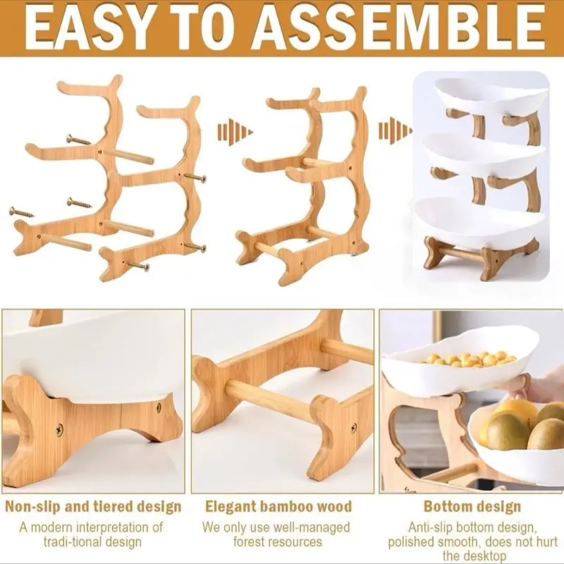 3 Tier Fruit Storage Basket Wooden Bowl Holder Utility Rack & Dining Stand 5