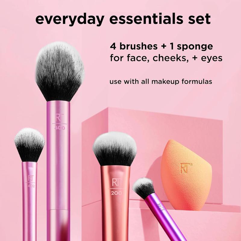 Real Techniques Everyday Essentials + Makeup Sponge Kit, 4 Makeup Brushes and 2 Makeup Blender Sponges,Blush, Bronzer, Eyeshadow, and Powder, Synthetic Bristles, Cruelty-Free, 6 Piece Set Cosmetic 2