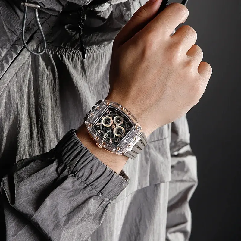 Men's Quartz Multifunction Watches Fashion Sports Chronograph 5ATM Waterproof Silicone Band Casual Man Wrist Watch 1