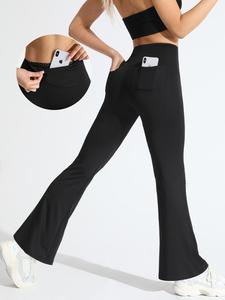 Women's Solid High Waist Pocket Flare Leg Sports Leggings, Casual Comfy Breathable High Stretch Yoga Pants, Ladies Sportswear for Indoor Outdoor Wear