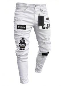 Men's Regular Fit Ripped Letter & Cartoon Patched Design Skinny Jeans, Fashion Casual Pocket Button Zipper Fly Denim Pants for Daily Outdoor Wear, Mens Bottoms for All Seasons, Cotton