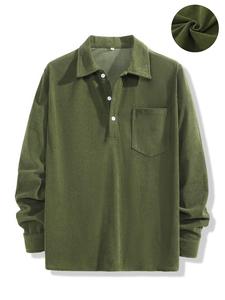 Men's Solid Button Front Pocket Corduroy Shirt, Loose Casual Long Sleeve Collared Top for Fall & Winter, Men's Clothes for Daily Wear
