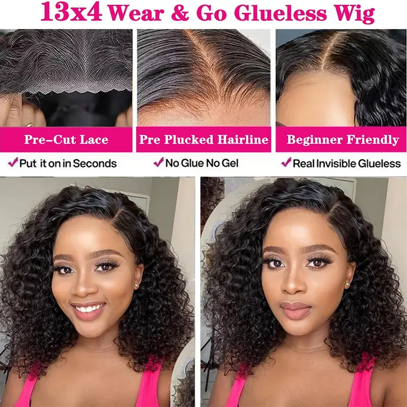 Glueless Short Bob Wigs Kinky Curly Human Hair Wigs 13x4 Transparent Lace Front Wigs Wet And Wavy Jerry Curly Lace Closure Wig 2