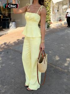 Pure Color Casual Simple Ruffled Cami Top Wide Leg Pants Two-Piece Set, High Waist Sleeveless Fitted H-Type