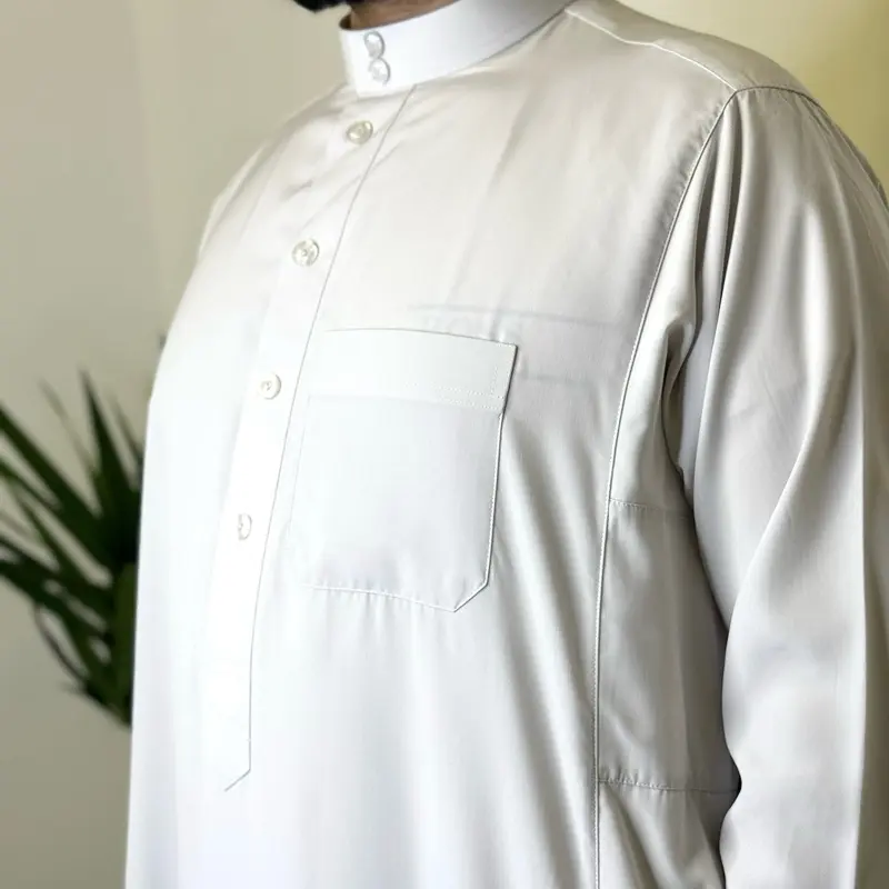 White Saudi Premium Thobe for Men - Indulgent Fabric, Breast Pocket & Two Side Pockets with buttons