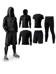 Men's Solid Tracksuit Set, Sporty Zipper Hooded Jacket & Top & Short Sleeve Tee & Letter Tape Waist Leggings & Drawstring Shorts, Casual Summer Outfits