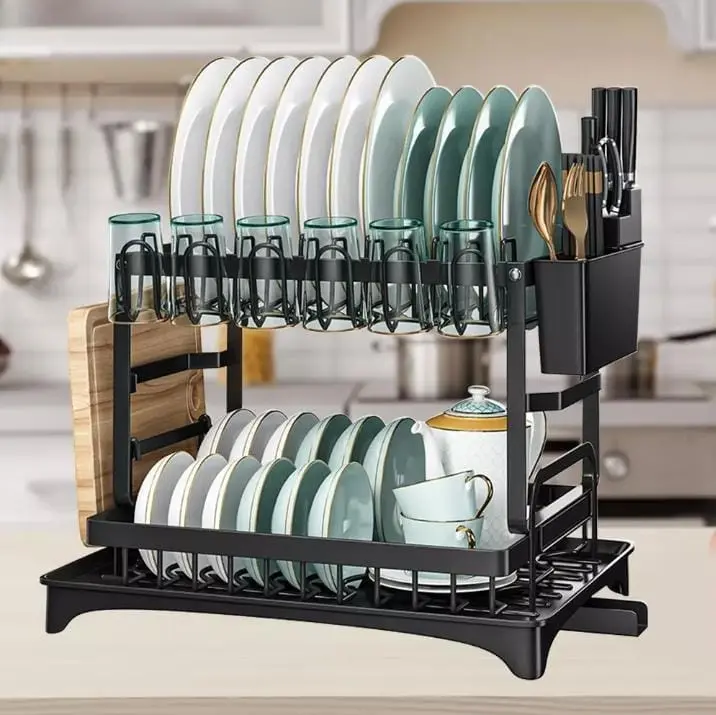 2 Tier Dish Drainer, Multifunctional Dish Drainer Rack, Rustproof Kitchen Dish Drying Rack  Holder, Space-Saving Dish Kitchen Counter, Large, Black Storage Holders & Racks Cabinet Organizer  Steel Waterproof Decor Installation dish  drying  rack 3