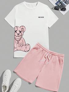 【Plus Size】 Two-Piece Set Cartoon Bear Print Tee & Shorts Set, Casual Fashion Cozy Round Neck Short Sleeve T-shirt & Drawstring Shorts, Unisex Two-piece Outfits for Summer
