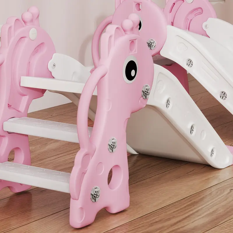 AIYAPLAY 3 in 1 Kids Slide with Climber, Basketball Hoop and Ball, Giraffe Shape Climber Slide for Indoor Kids Age 1-3, Pink 7