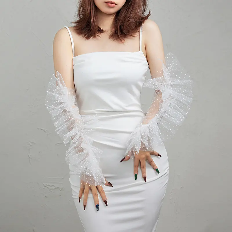 Women Long Tulle Gloves Stretchy Sexy Lace Short Full Finger Mittens Lotus Leaf Sheers Elegant Lady Driving Dot Wedding Gloves 1