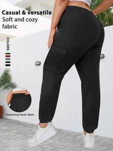 【Plus Size】 Solid Drawstring Waist Cargo Pants, Casual Pocket Trousers for Women, Women's Bottoms for Fall & Winter
