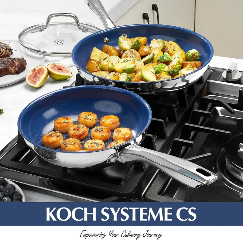 KOCH SYSTEME CS Stainless Steel Frying Pan, 8 Inch Stainless Steel Pan with Lid & Ultra Nonstick Blue Ceramic Coatings, 8 Inch Pans, Nontsick Small Frying Pans with Lid, Induction Compatible 3