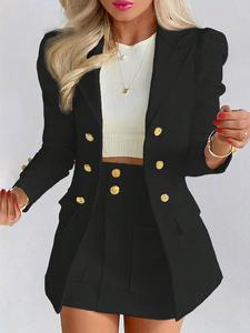 Two-piece Set Women's Solid Puff Long Sleeve Blazer & Pocket Skirt Set, Elegant Chic Lapel Neck Fake Buttons & Pocket Decor Outerwear & Short Skirt for Work Office Business, Ladies Fall & Winter Clothes, Womenswear, Suits