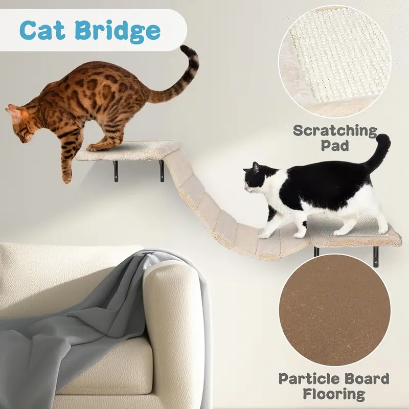 Cat Wall Furniture, 4 in 1 Cat Tree Tower Scratching Posts, Indoor Cats Climbing Frame with Cats Hammock, Hanging Ball Toy, Kitten Wall Shelves for Indoor - Beige 4