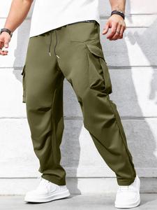 【Plus Size】 Solid Flap Pocket Cargo Pants, Loose Casual Street Straight Leg Trousers for Fall & Winter, Men's Bottoms for Daily Wear