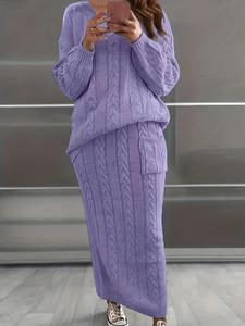 Women's Solid Cable Knit Sweater & Pocket Skirt Set, Long Sleeve Round Neck Jumper & Long Skirt, Two-piece Outfits for Daily Wear, Clothing