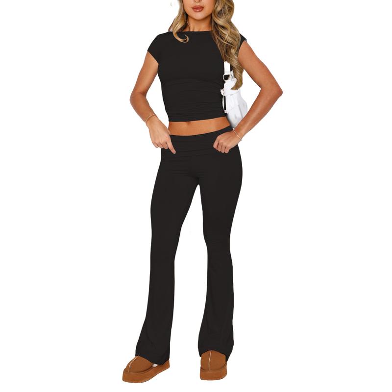 Product Introduction of Women 2 Piece Lounge Sets Matching Sets Short Sleeve Cropped Top Fold Over Flare Pants Yoga Tracksuit 8