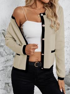 Women's Contrast Binding Button Front Cardigan, Breathable Casual Elegant Fitted Soft Long Sleeve Pocket Knitwear for Daily Wear, Ladies Clothes for All Seasons, Womenswear, Casual Fashionable Top