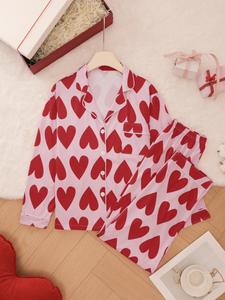 Two-piece Set Women's All Over Heart Print Button Front Pocket Top & Pants Pyjama Set, Casual Comfy Long Sleeve Lapel Neck Top & Trousers Pj Set, Ladies Sleepwear for All Seasons, Pajamas