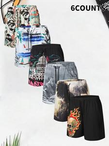 Men's Regular Fit Skull & Hand Print Beach Shorts, Casual Comfy Breathable Shorts for Summer, Men's Bottoms for Beach Vacation