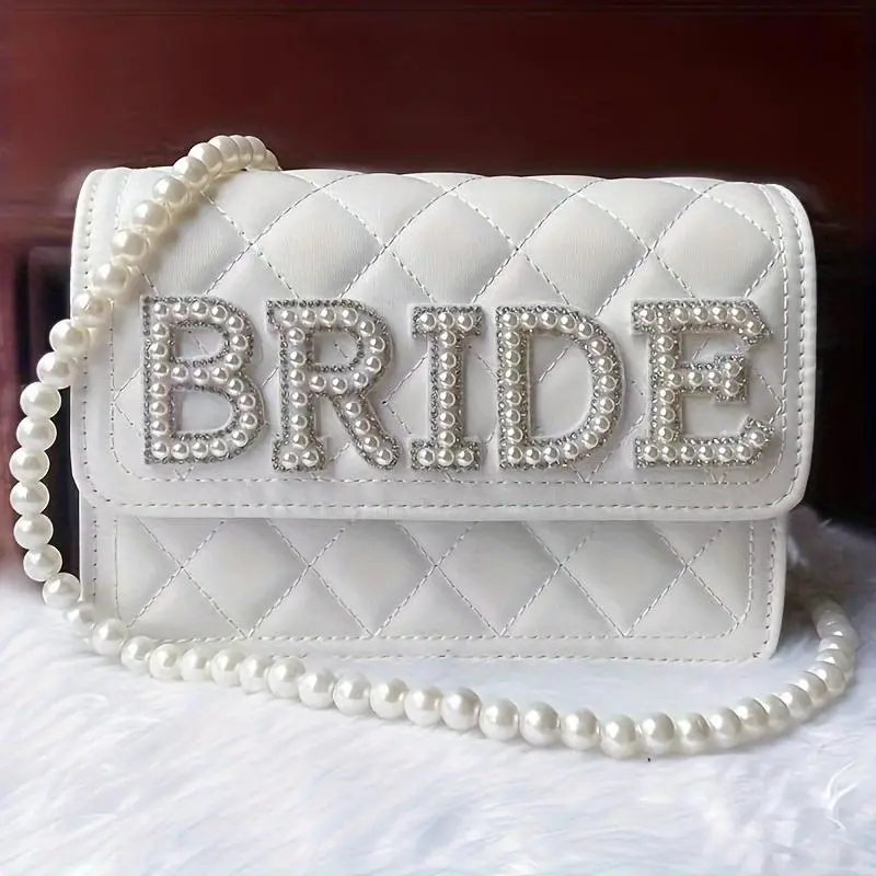 1pc Charismatic Pearl Rhinestone BRIDE&MRS&WIFEY White Shoulder Bag Wedding Party Single Party Wedding Season The Best Gift for the Bride Honeymoon Travel Essentials ins Style Matching Clothes
