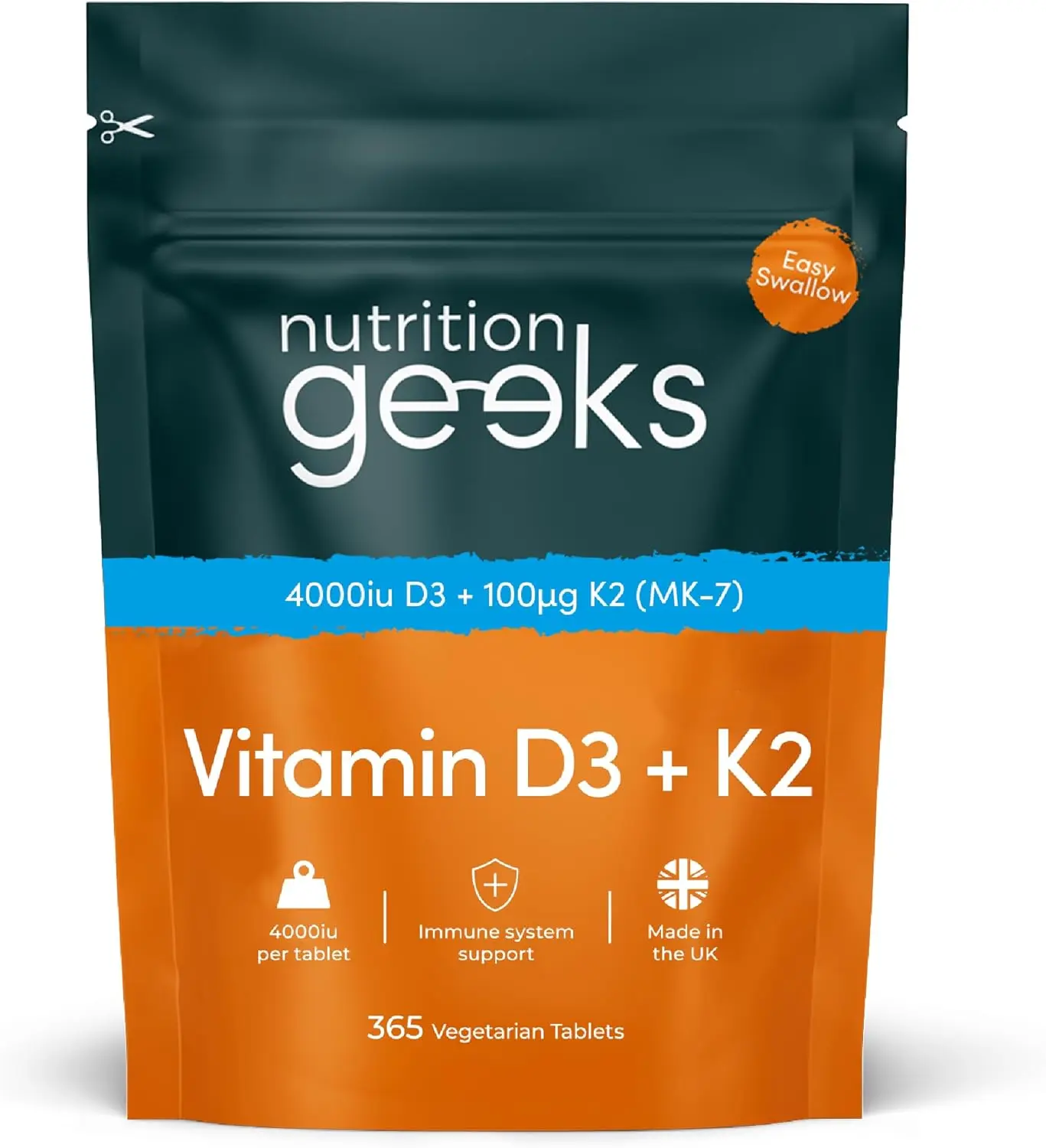 Vitamin D3 4000 iu & Vitamin K2 MK7 100μg - 1 Year Supply, 365 Easy-Swallow Vitamin D3 K2 Tablets, 1-A-Day High Strength Vegetarian D3 and K2 Vitamin Supplements, UK Made Vitamin D Tablets calcium