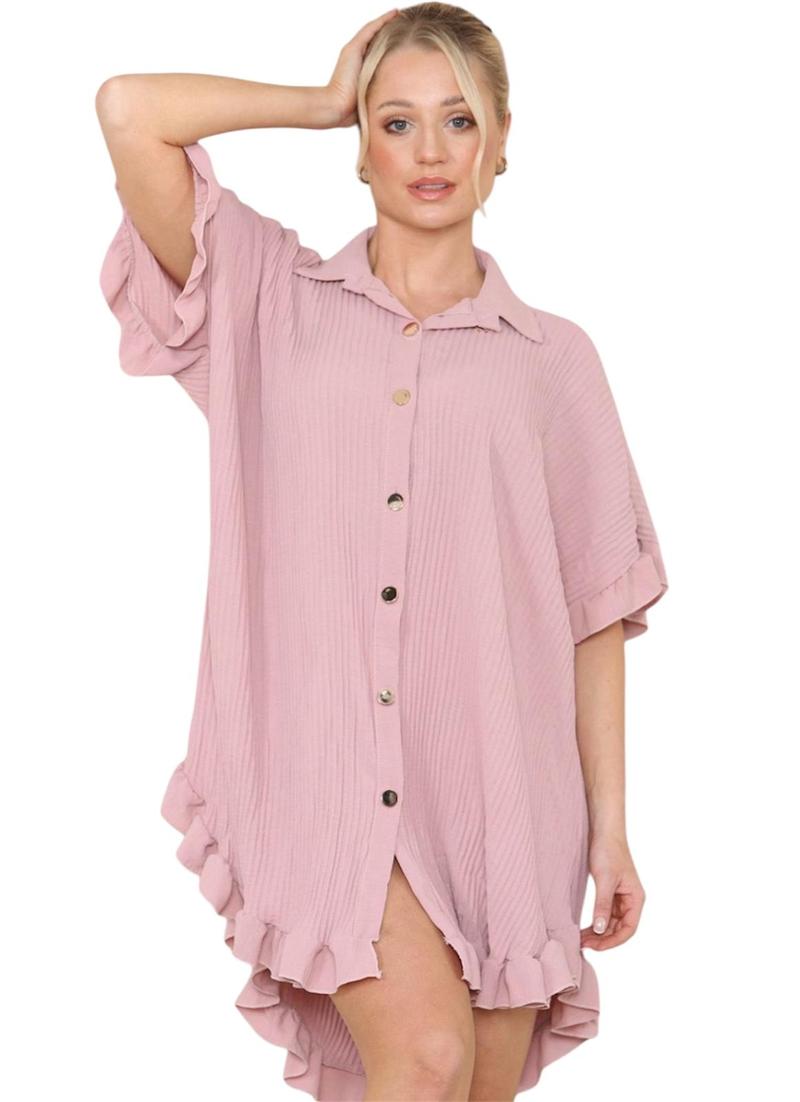 Product Introduction of Women's Lightweight Pleated Frill Hem Shirt Dress - Casual Loose Fit Collared Tunic with Gold Buttons - Comfort, Breathable 15