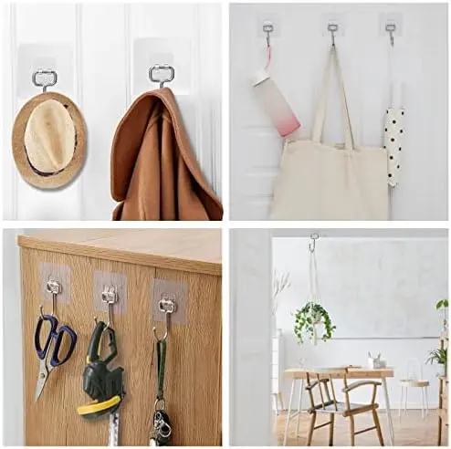 6PCS Self Adhesive Hook, Upgraded 35 lb/ 15kg (Max) Strong Sticky Hooks for Hanging Heavy Duty, Damage Free Large Size Wall Hooks Up, Clear Stick on Hook for Home Bathroom Kitchen and Office 5