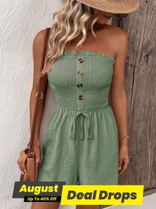 Women's Plain Frill Trim Shirred Ruched Tie Front Bandeau Romper, Boho Fitted Sleeveless Strapless High Waist Jumpsuit for Summer, Fashion Casual Women's Clothing for Daily Wear, Bohemian Overall, Womenswear, Casual Comfy Green Overalls