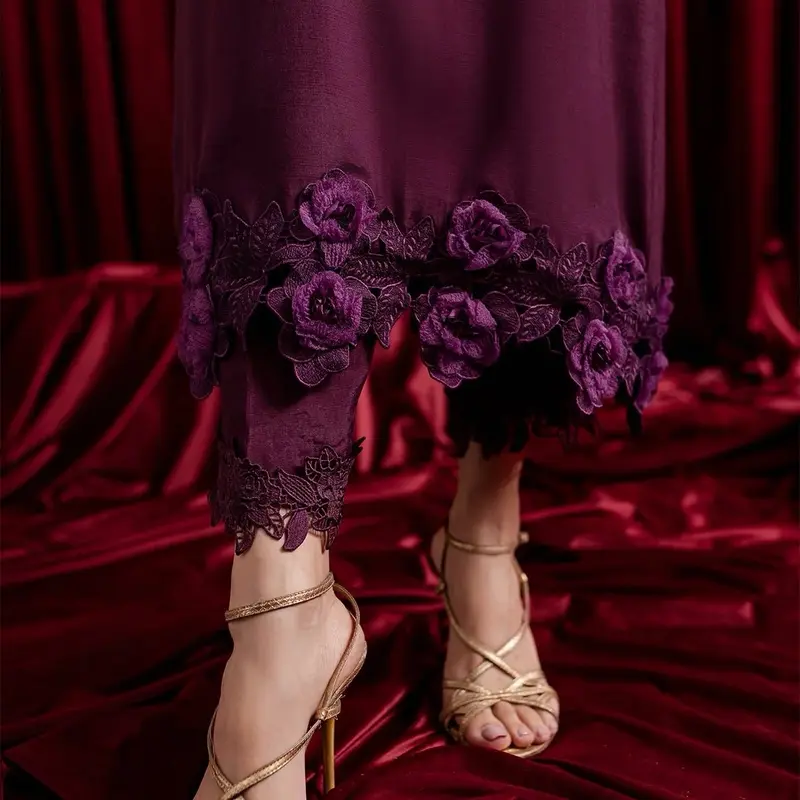 Peach Republic - 3 Piece Dull Raw Silk Dress with Cutwork, Lace and Organza Dupatta in Deep Plum Womenswear 4